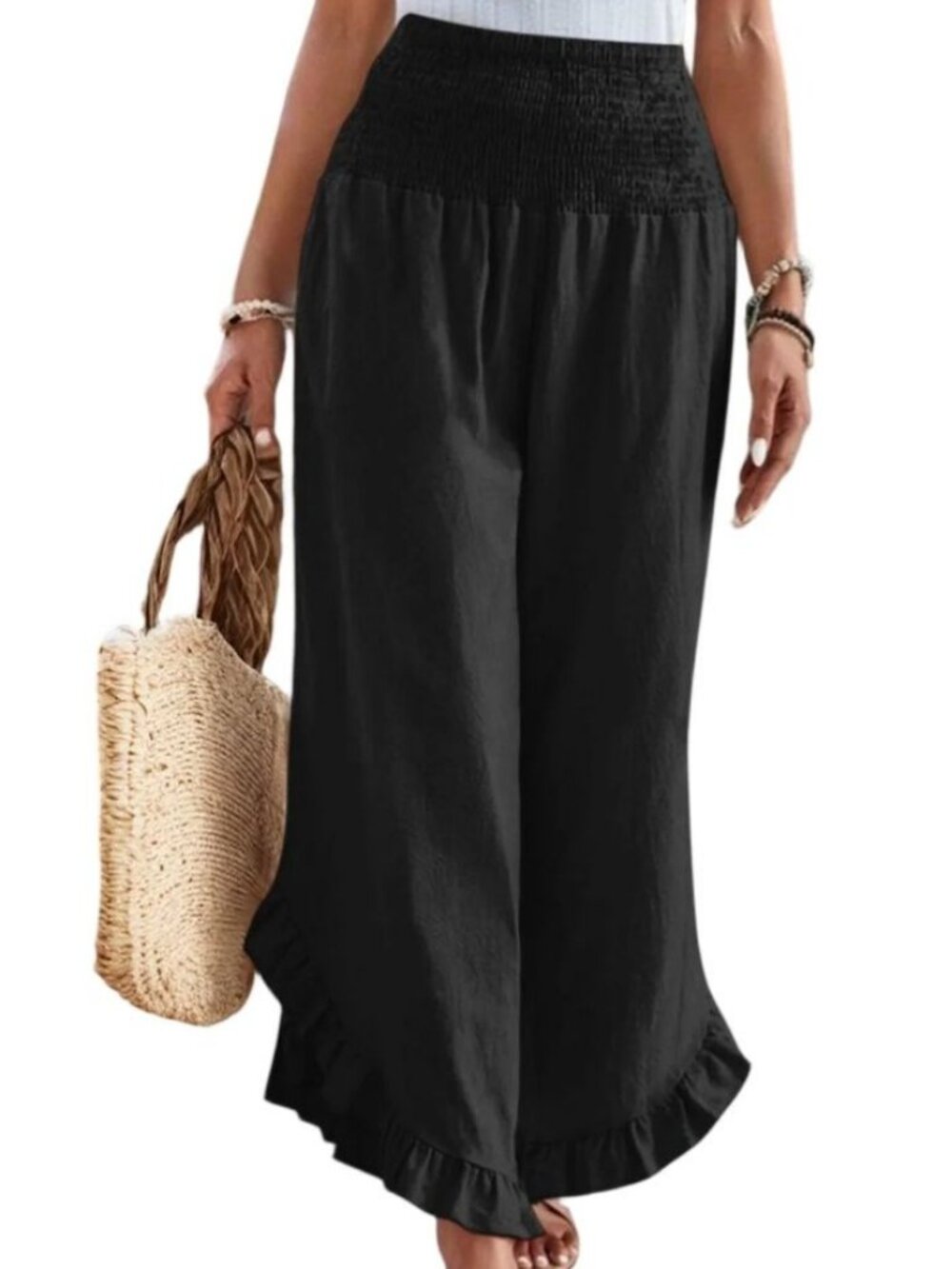 Excellent Condition, SZ M, Cotton Blend Lettuce Hem Palazzo Pants, Black